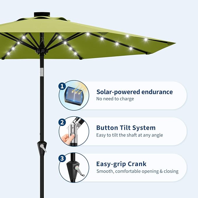 Garvee 10FT Solar Patio Umbrella with 32 LED Lights - Outdoor Table Umbrella with Crank Lift, Push Button Tilt and 8 Sturdy Ribs - Market Umbrella UV Protection for Pool, Deck, Yard, Garden