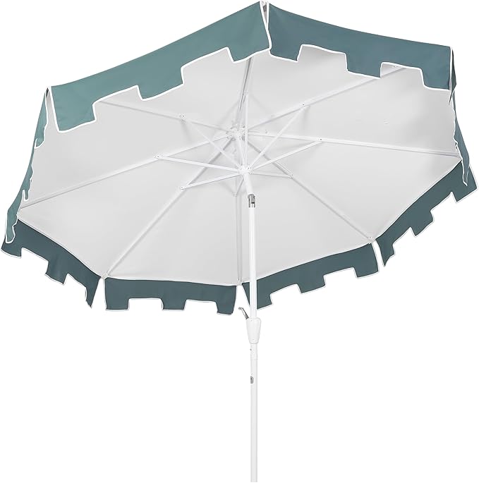 JONATHAN Y Baiona 9 ft. White/Green Outdoor Patio Umbrella with Crank Lift and Tilt, 8 Ribs UV-Resistant Market Table Umbrella with Square Trim for Pool, Deck, Coastal, White Pole UMB1000D