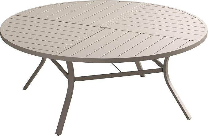 60" Outdoor Dining Table with Adjustable Umbrella Hole, Metal Slatted Round Patio Dining Table for Backyard Garden Deck, Sandshell