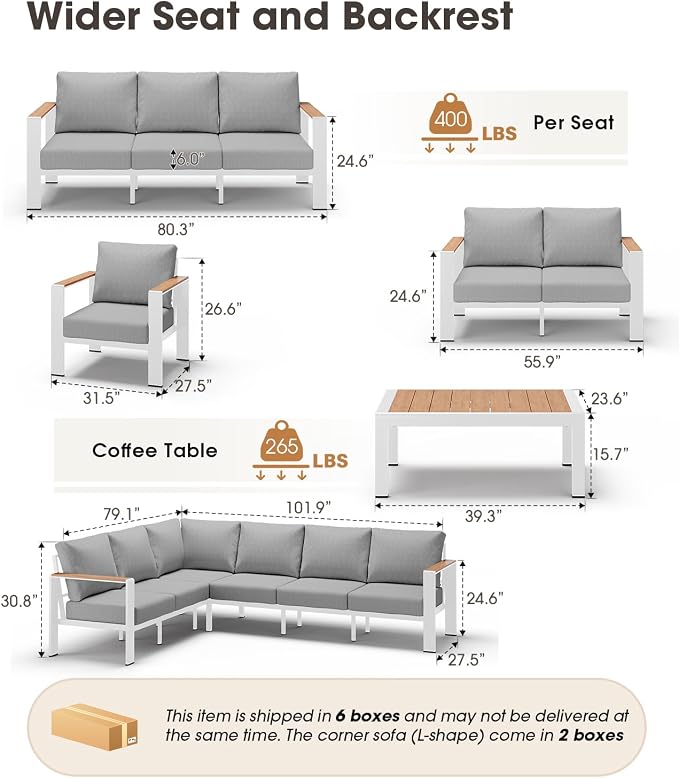 Aluminum Outdoor Patio Furniture Set, 8 Seats Patio Conversation Sets, Oversized Outdoor Sectional with Washable Thick Cushions & Coffee Table for Backyard, Garden and Poolside, White