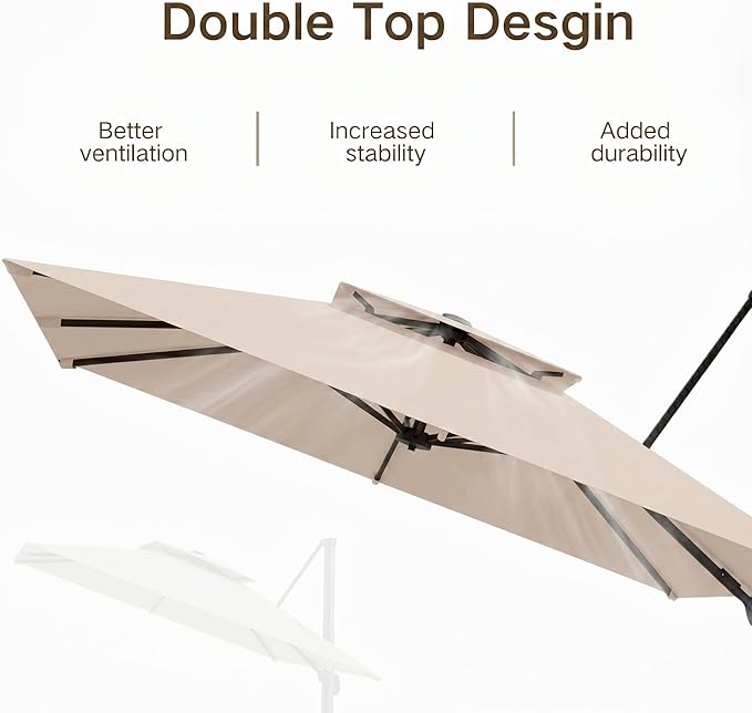 Kingdura Cantilever Patio Umbrella with Double Top Vent, Large Square Aluminum Outdoor Offset Umbrella with 360-degree Rotation, Infinite Tilt, UV Protection for Pool Deck Garden Patio