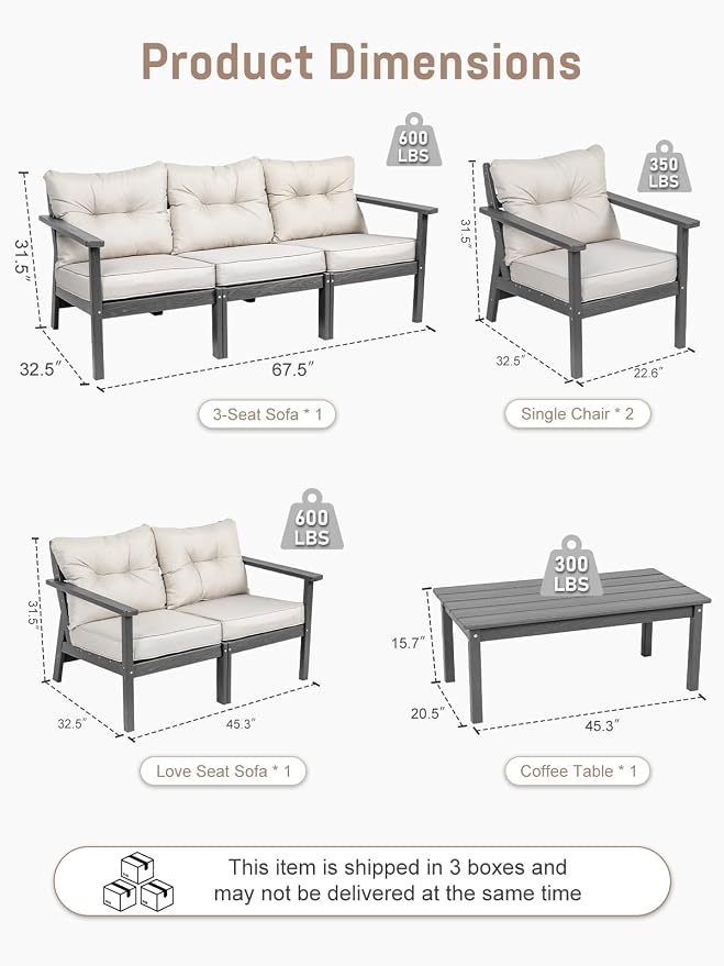 HDPE Patio Conversation Set 7 Seats, Outdoor Furniture Set, Patio Sofa Set | Water-Resistant Thick Cushion, HDPE All Weather, Wood-Grain, No Rot or Rust or Crack, UV Fade Shield, Easy-Clean for Outside
