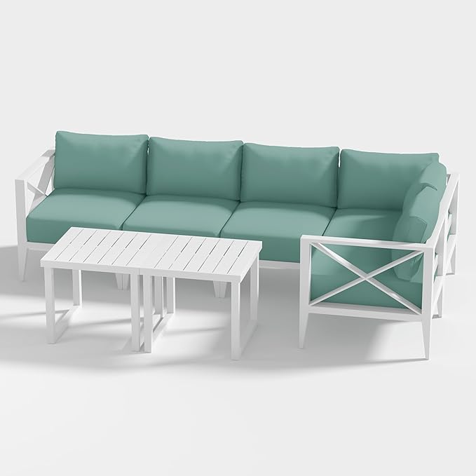 MBY Outdoor Aluminum Patio Furniture Set, 5-Seats Patio Conversation Sofa Set with 1 Corner Sofa and 2 Coffee Tables, All Weather for Pool, Balcony, Garden-White