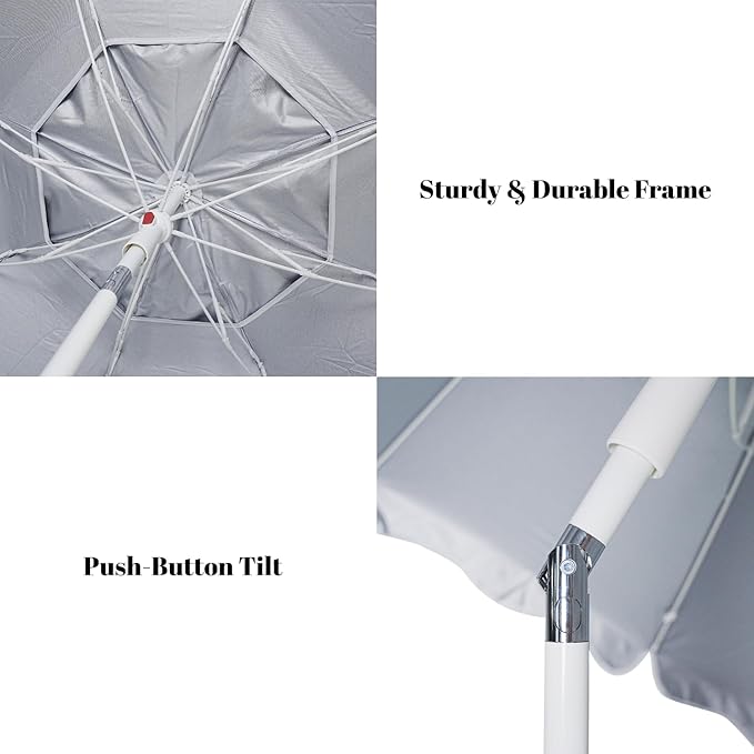 7.2FT Patio Beach Umbrella, Adjustable Height and Tilt Design, UPF 50+ Sun Protection with Silver Coating, Wind-Resistant Fiberglass Ribs, Portable 2-Fold Design, Includes Carry Bag, Base Not Included