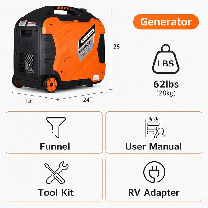 Genkins 4500W Portable Inverter Generator Gas Powered Pure Sine Wave Lightweight Quiet Electric and Remote Start Parallel Capability for Camping RV Home Backup