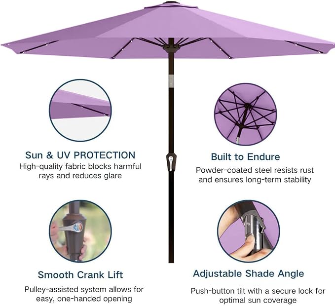 9' Solar LED Patio Umbrella with Tilt & Crank|8 Sturdy Ribs,UV Protection,Outdoor Market Table Umbrella for Deck,Lawn,Pool,Backyard(Taro Purple)