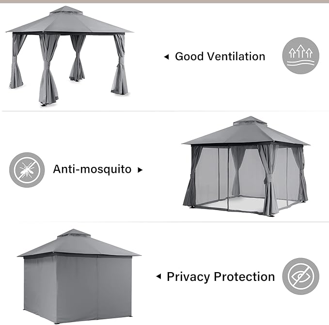 LAUSAINT HOME Patio Gazebo 10'x10', Outdoor Heavy Duty Party Tent Shelter with Double Roofs, Mosquito Nettings and Privacy Screens for Backyard, Garden, Lawn, Gray
