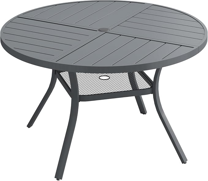 40.6" Outdoor Dining Table with Adjustable Umbrella Hole, Metal Slatted Round Patio Dining Table for Backyard Garden Deck, Dark Grey