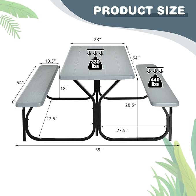GYMAX Picnic Table, Picnic Bench Easy to Assemble w/All Weather Wood Grain Tabletop & Metal Frame, Picnic Tables for Outdoors Camping Backyard Deck Patio Poolside Dining Party