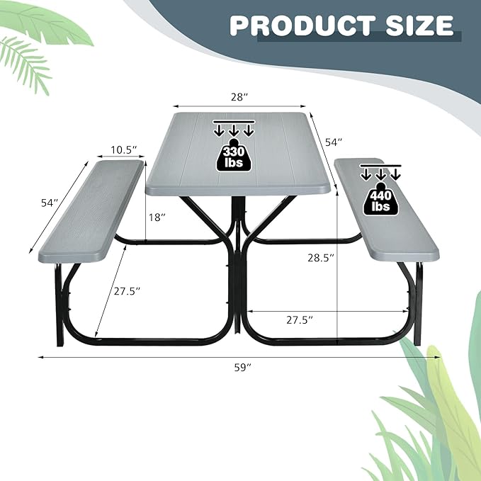 HAPPYGRILL Outdoor Picnic Table Bench Set with Metal Frame & All Weather-Resistant Surface, Camping Table Set for Patio Backyard Poolside Garden Dining Party