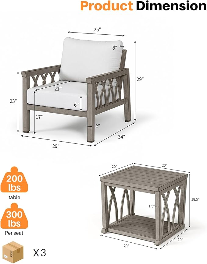 3-Piece Aluminum Patio Furniture Set, Deep Seating 2 Armchairs and Side Table, All Weather Patio Bistro Set with Cushions, Patio Conversation Set for Garden, Balcony, Deck, Limed Oak