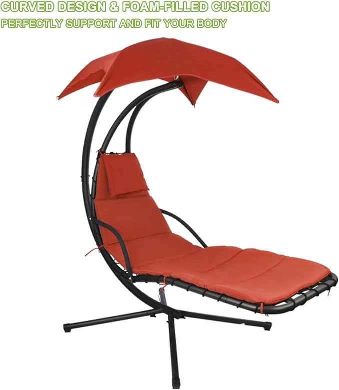 Patio Hanging Chaise Outdoor Lounger Padded Cushion Swing Hammock Chair w/Sun Shade Canopy Umbrella Stand [Orange]