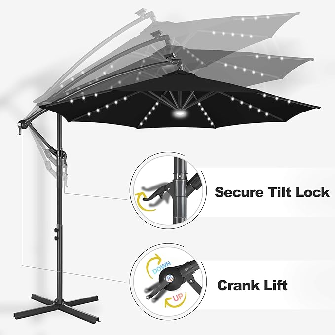 FLAME&SHADE 10ft Solar Cantilever Umbrella with 40 LED Lights, Lighted Large Offset Outdoor Patio Umbrellas, 8 Sturdy Ribs, UPF50+ UV Protection for Pool Deck Garden Yard, Black