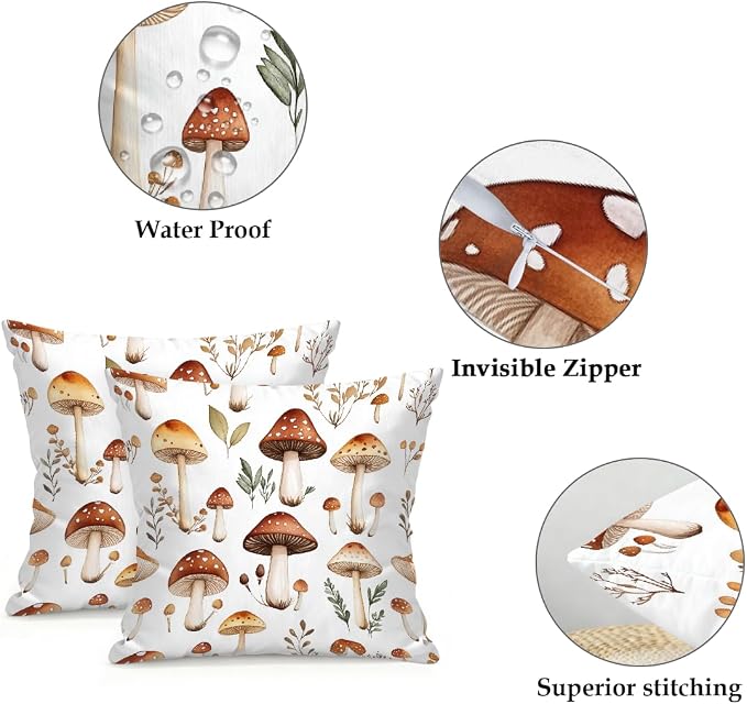 20x20 Inch Outdoor Pillow Covers Set of 2 Waterproof Throw Pillow Covers Decorative Couch Cushion Covers Mushrooms Pattern Square Pillowcases Protectors for Patio Garden Sofa