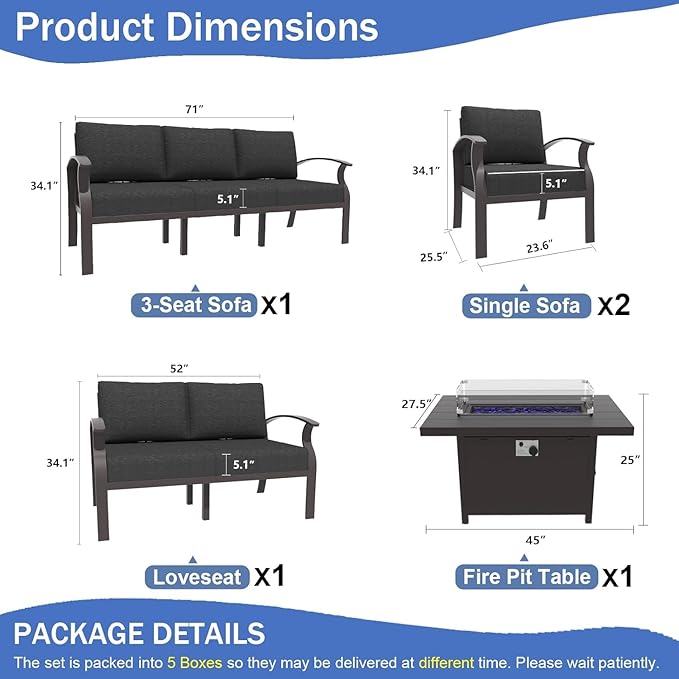 Kullavik Aluminum Patio Furniture Set with Propane Fire Pit Table,7-seat Metal Outdoor Furniture Patio Conversation Set w/5.1" Cushions for Patio,Backyard,Poolside-Black