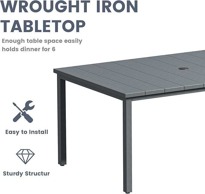 VICLLAX 7 Pieces Outdoor Dining Set, Patio Furniture Set Includes 63" Rectangular Metal Table W/ 1.9" Umbrella Hole and 6 Padded Textilene Swivel Chairs for Porch, Lawn, Garden, Backyard