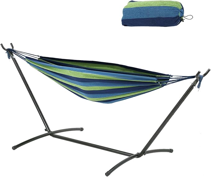Double Hammock with Space Saving Steel Stand,(450 lb Capacity - Premium Carry Bag Included),Portable Hammock with Heavy Duty Steel Stand for Backyard,Camping or Garden,Blue