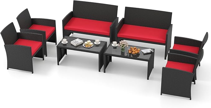 Tangkula 8 Pieces Patio Wicker Furniture Set, Outdoor Heavy Duty Rattan Cushioned Chairs, Loveseat and Tempered Glass Coffee Table, for Backyard, Balcony, Poolside