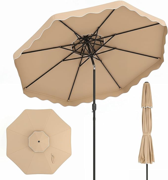 Happygrill 10 FT Patio Umbrella, Scalloped Outdoor Table Market Umbrella with Push Button Tilt & Crank, 2-Tier Vented Top, Heavy-Duty 8 Metal Ribs, Sun-Protective Canopy, Ruffle for Deck Pool Garden (Beige)