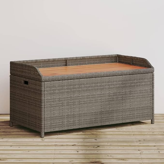 Gecheer Patio Rattan Deck Box Storage Bench Gray 39.4"x19.7"x20.5" Poly Rattan and Acacia Wood