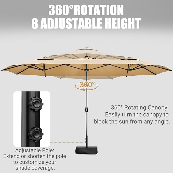 CHABATREE 15FT Double-Sided Patio Umbrella with Base Included, Large Outdoor Rectangular Market Umbrella for Backyard, Poolside, Lawn & Garden, Khaki
