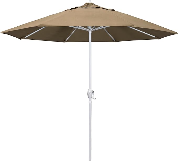 California Umbrella 12-Year Protection 9' Rd Aluminum Patio Umbrella, Crank Lift, Auto Tilt, White Finish, Sunbrella Heather Beige
