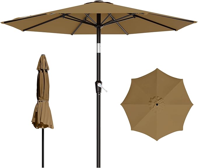 AreShark 9 FT Patio Umbrella for Outdoor, Outdoor Table Umbrella with Push Button Tilt and Crank, Outdoor Patio Umbrellas with 8 Sturdy Ribs for Market, Garden, Pool (Khaki)
