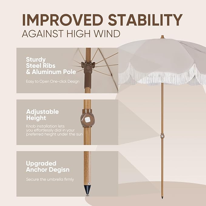 Tempera Heavy Duty High Wind Beach Umbrella with Sand Anchor & Carry Bag | Patio Outdoor Umbrella with Aluminum Frame and Push Button Tilt, Ideal for Travel Garden Lawn, UPF 60+