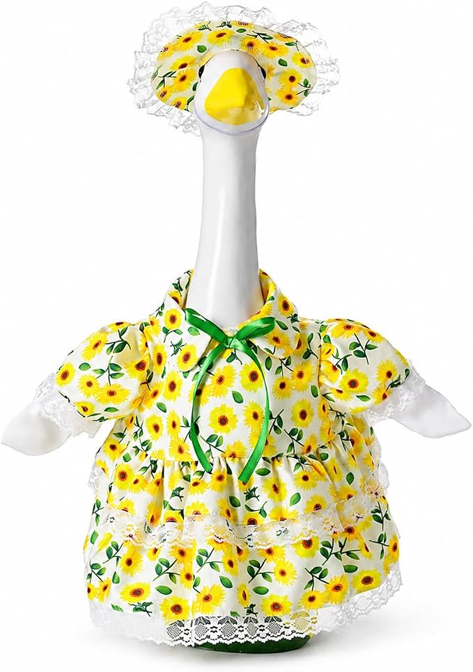 Spring Summer Porch Goose Outfit for 23 Inch Goose Statue, Sunflower Porch Goose Clothes with Lace Trim and Matching Hat, Cute Goose Statue Clothes for Outdoor Yard Lawn Patio Garden Decor