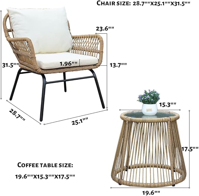 Patio Furniture Set 3-Piece, Bohemian Simple Outdoor All Weather Rattan Patio Furniture Bistro Wicker Conversation Set with Coffee Table & Cushions, Outdoor Sectional Sofa for Balcony, Backyard, Deck