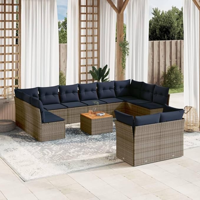 vidaXL Patio Sofa Set with Cushions 13 Piece, Outdoor Conversation Set, Patio Furniture Set for Balcony Garden, Modern Style, Gray Poly Rattan