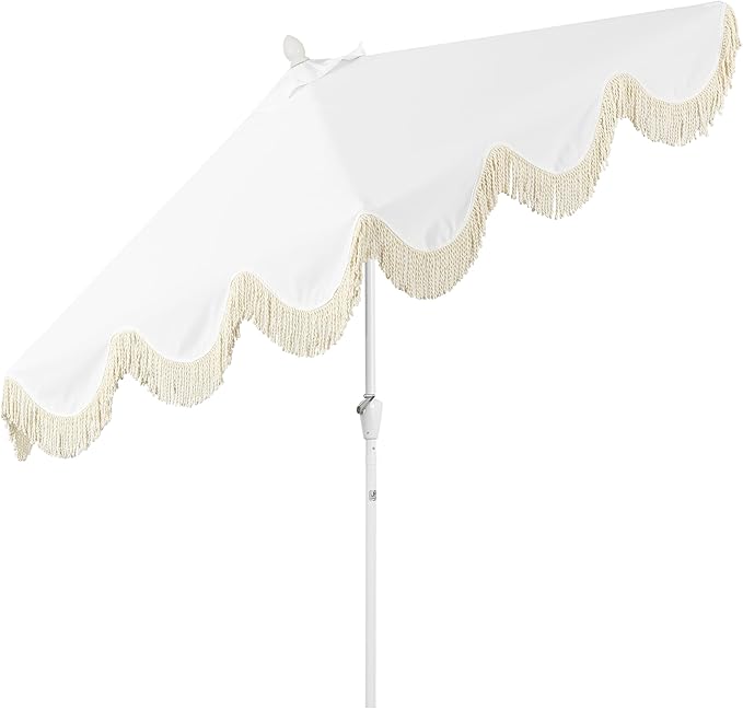 JONATHAN Y UMB1001 Collins 9 ft. Classic Cottage Tassel Market Patio Umbrella with Auto-Tilt, Crank, Wind Vent and UV Protection