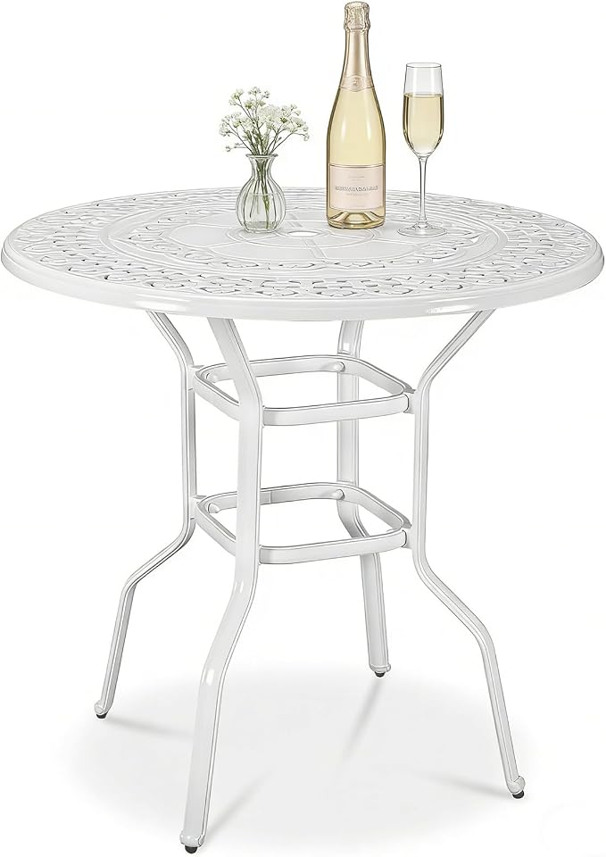 MEETWARM Patio Height Bar Table, 38.5" Bar Height Bistro Table, Outdoor Cast Aluminum Bistro Round High Top Dining Table with 2" Umbrella Hole for Garden Deck Backyard, White