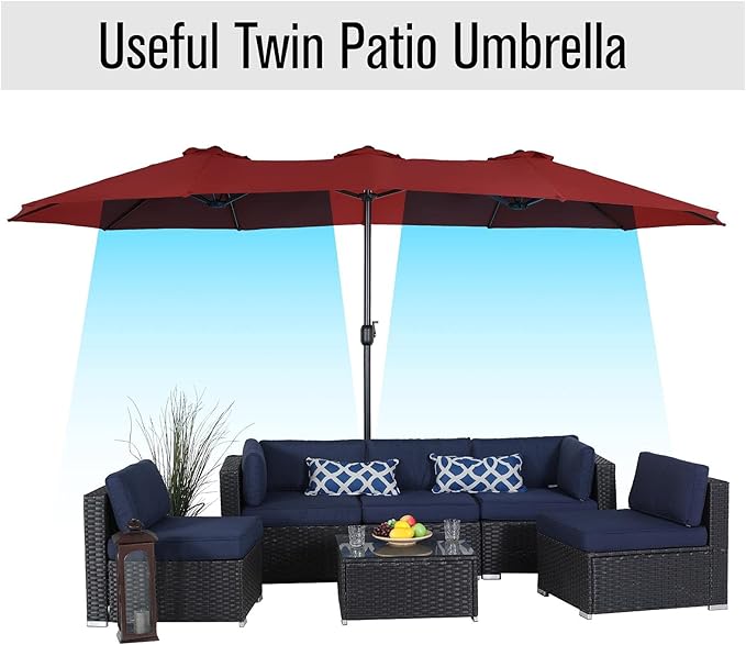 PHI VILLA 15ft Large Patio Umbrella Double-Sided Outdoor Market Pool Umbrellas with Crank, Umbrella Base (Stand) Included(Dark Red)