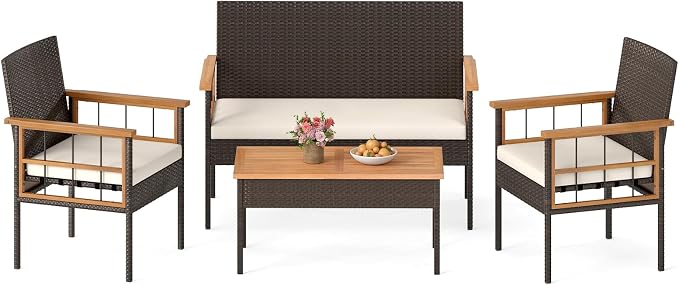 HAPPYGRILL Patio Furniture Set Outdoor Rattan Wicker Conversation Set with Acacia Wood Coffee Table, Chairs, Loveseat & Cushions, for Porch, Garden, Backyard, Poolside (4 Pieces)