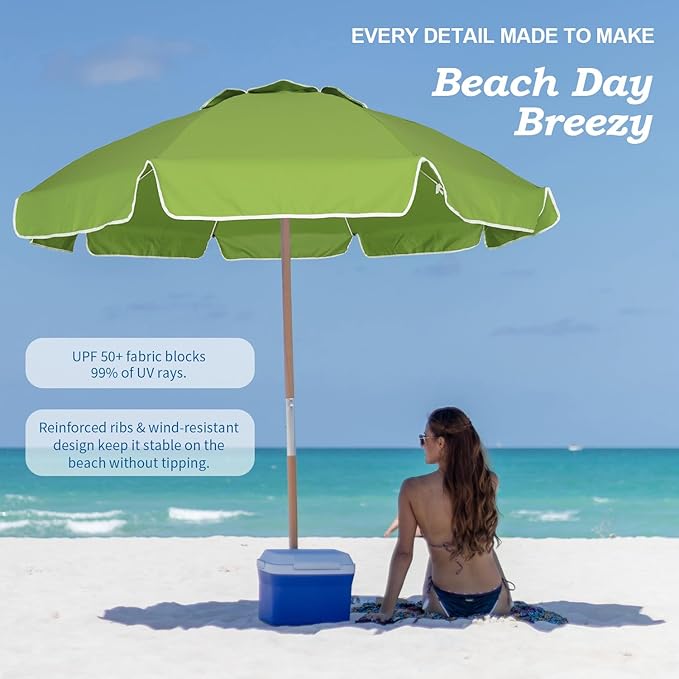 AMMSUN 7.5ft Heavy Duty High Wind Beach Umbrella Commercial Grade with Air Vent Ash Wood Pole & Carry Bag UPF 50+ Sun Protection for Patio Garden Pool Backyard Olive Green