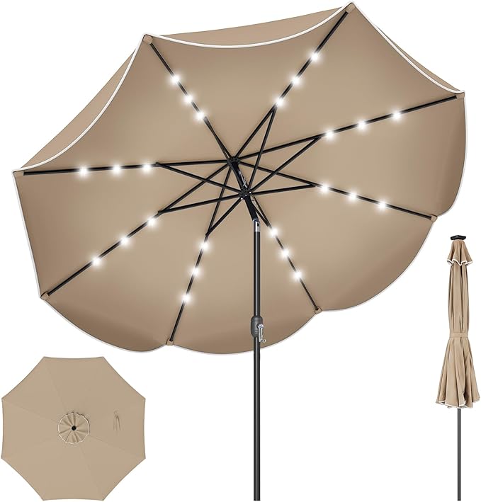 Tangkula 9 FT Solar Patio Umbrella, 2-Tiers Outdoor Scalloped Table Umbrella with 24 LED Lights, Tilt Adjustment, Crank, 8 Ribs for Market Backyard Pool Deck Beach Lawn