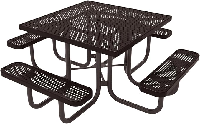 COATEDOUTDOORFURNITURE Heavy-Duty Portable Outdoor Picnic Table with Umbrella Hole, Punched Steel Commercial-Grade Patio Furniture Made in America (46" Square Top, Brown with Brown Frames)