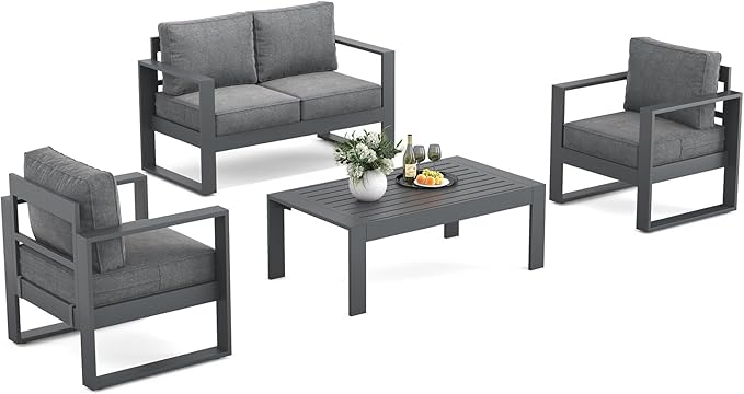 Outdoor Aluminum Furniture Set - 4 Pieces Modern Patio Conversation Sets Metal Sectional Sofa with Coffee Table