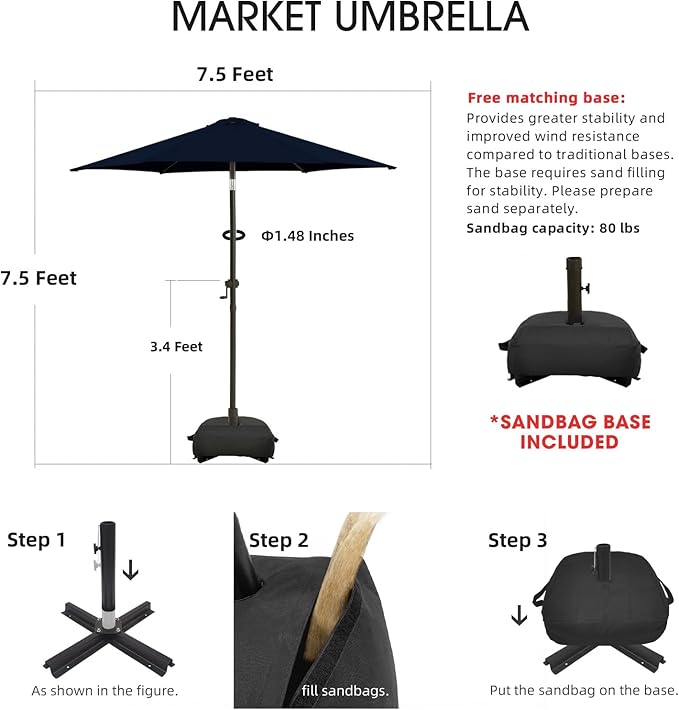 wikiwiki 7.5FT Patio Umbrella with Base, Outdoor Umbrellas with Base Included, 6 Sturdy Ribs, Waterproof Fade Resistant POLYESTER DTY Canopy for Deck, Lawn, Garden, Backyard & Pool, Navy