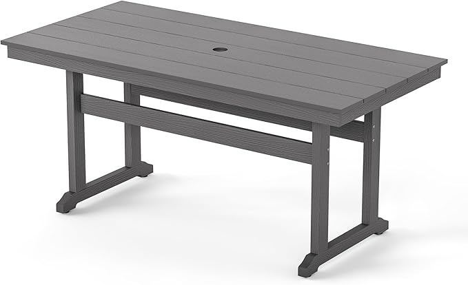 Rectangle Outdoor Dining Tables for 6, HDPS Weather Resistant Patio Dining Table, 66" Outdoor Tables with 1.96" Umbrella Hole for Porch, Balcony, Backyard, Grey