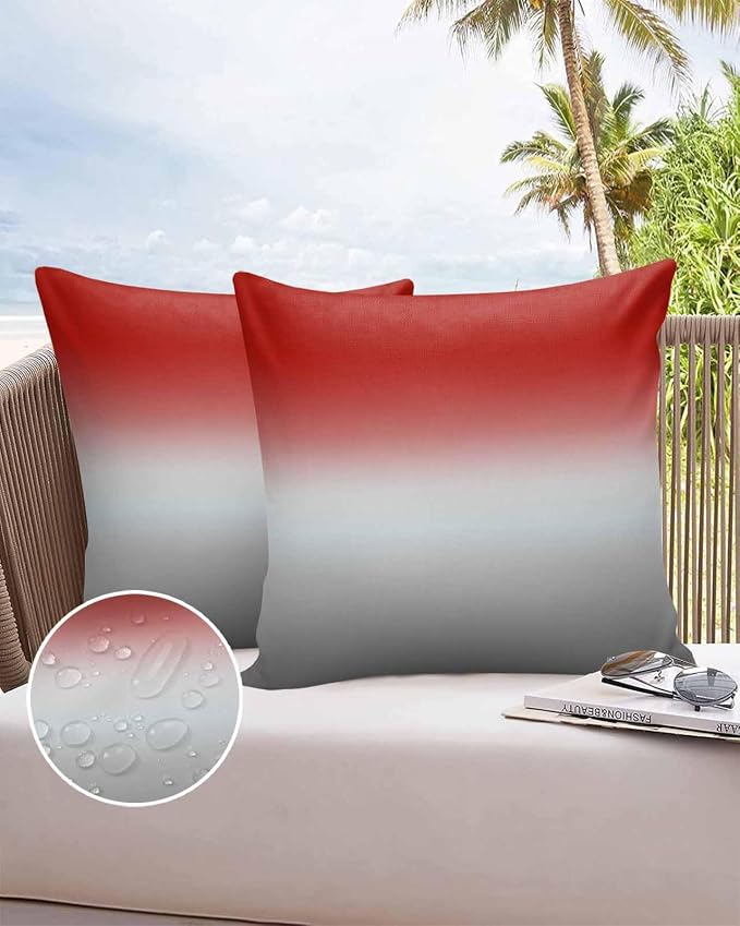 Outdoor Waterproof Throw Pillow Covers Set of 2 Red Grey Ombre Pillowcases 16x16 Inches Gradient Gradual Color Patio Decorative Pillows Cushion Case Patio Pillows for Couch Bed Chair Garden