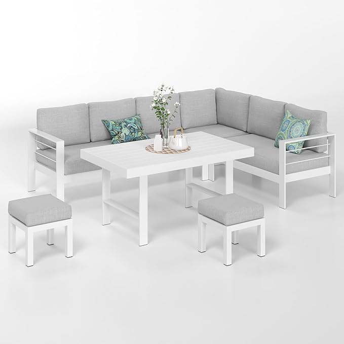Solaste Aluminum Patio Furniture Set, Metal Patio Sectional Sofa with 2 Ottomans and Imitation Wood Tabletop Dining Table, Modern Outdoor Furniture Couch with Water-Resistant Cushion, White