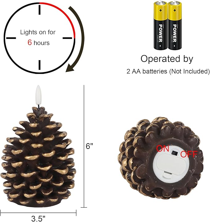 DRomance Flameless Pinecone Candles Battery Operated with 6 Hour Timer Set of 2 Real Brown Wax 3D Wick LED Flickering Pillar Candles Christmas Holiday Decor(Gold, 3.5 x 6 Inch)