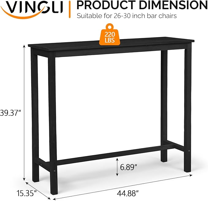 VINGLI Wooden Outdoor Bar Table, Wood Patio Counter Height Table, Weather-Resistant Patio Pub Table for Garden, Balcony, Poolside, Backyard, Indoor Use (Black, 45")