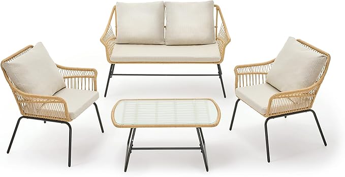 ONBRILL 4-Piece Patio Wicker Loveseat Sets, Boho Patio Furniture Set, Galvanized Iron Frame, Thickened Weather-Resistant Olefin Cushions, Tempered Glass Top, UV-Proof, Beige