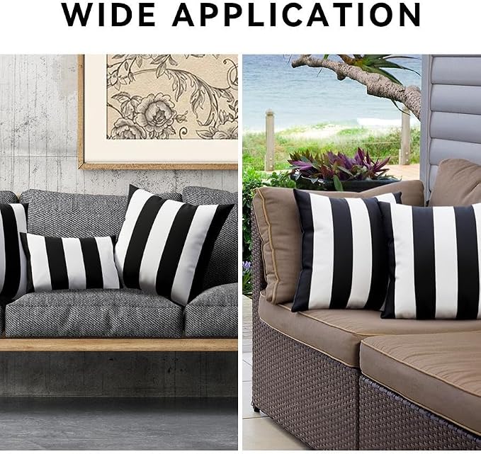 Pack of 2 Outdoor Waterproof Striped Pillow Covers Decorative Throw Covers | 20x20, Black and White, Garden Cushion Covers, Farmhouse Pillowcases for Couch Sofa Patio Tent Balcony