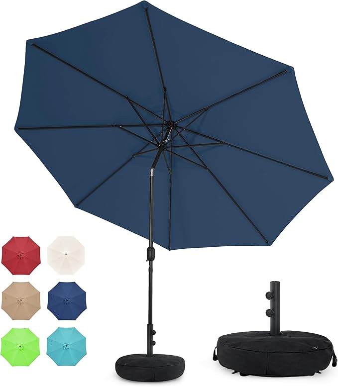 Sundale Outdoor 10 ft Patio Umbrella with Sand Bag Umbrella Base Included, Outdoor Umbrella with Tilt and Crank, Navy
