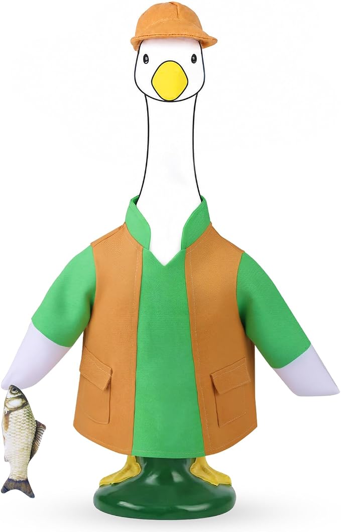 23" Porch Goose Outfits for Garden Yard Decor | Porch Goose Fisherman Outfit, Goose Clothes for Cement Duck for Summer Patio Party Decoration