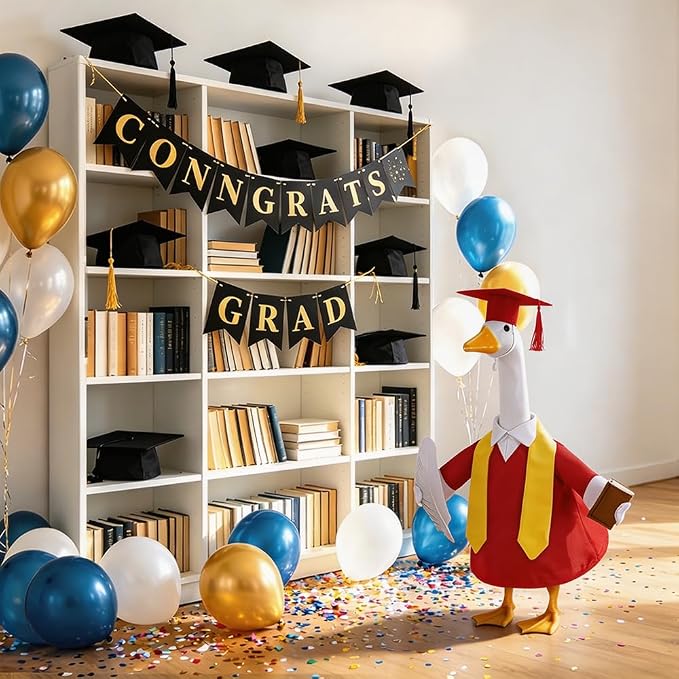 Graduation Porch Goose Outfit with Cap and Gown Stoles for 23" Porch Goose Holiday Outdoor Garden Patio Yard Lawn Art Decoration (Red)